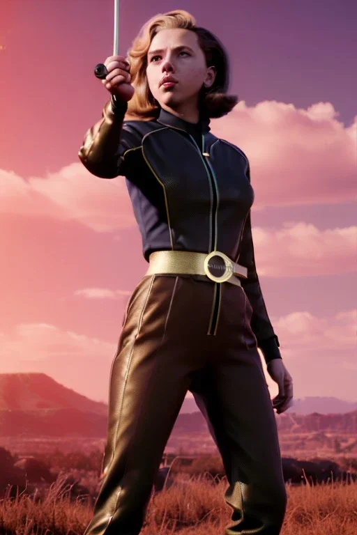 retro portrait image from 1960, explosion background, wind long hair, young Scarlett Johansson, classic black tight lycra suit, metal stick weapon, gold bracelet and belt, high heel boots, soft color, highly detailed, unreal engine 5, ray tracing, RTX, lumen lighting, ultra detail, volumetric lighting, 3d, finely drawn, high definition, high resolution.