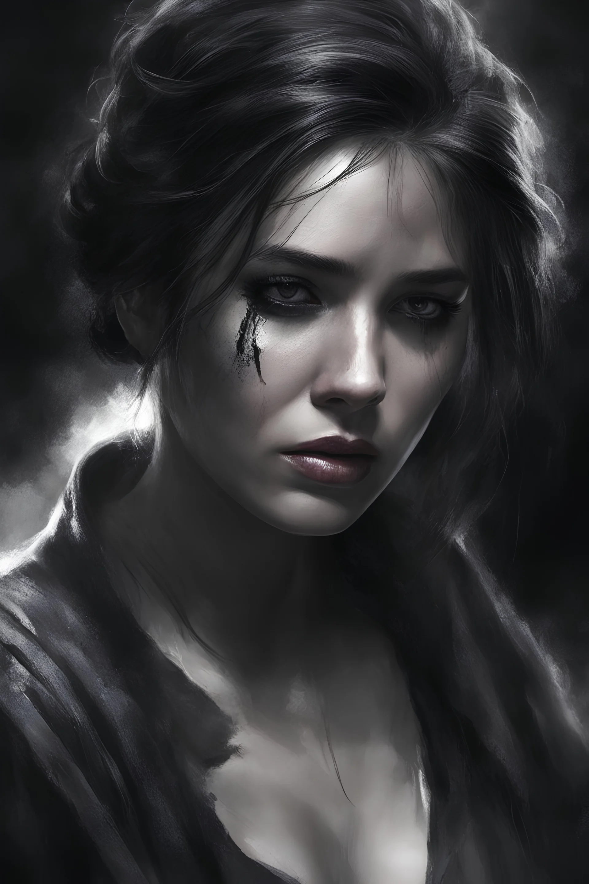 black,,portrait of a lady with black soot on her facepain and fear,,domestic violence victim, bruises,dramatic lighting, dramatic lighting, sharp focus, contrast, digital painting, artstation, concept art,
