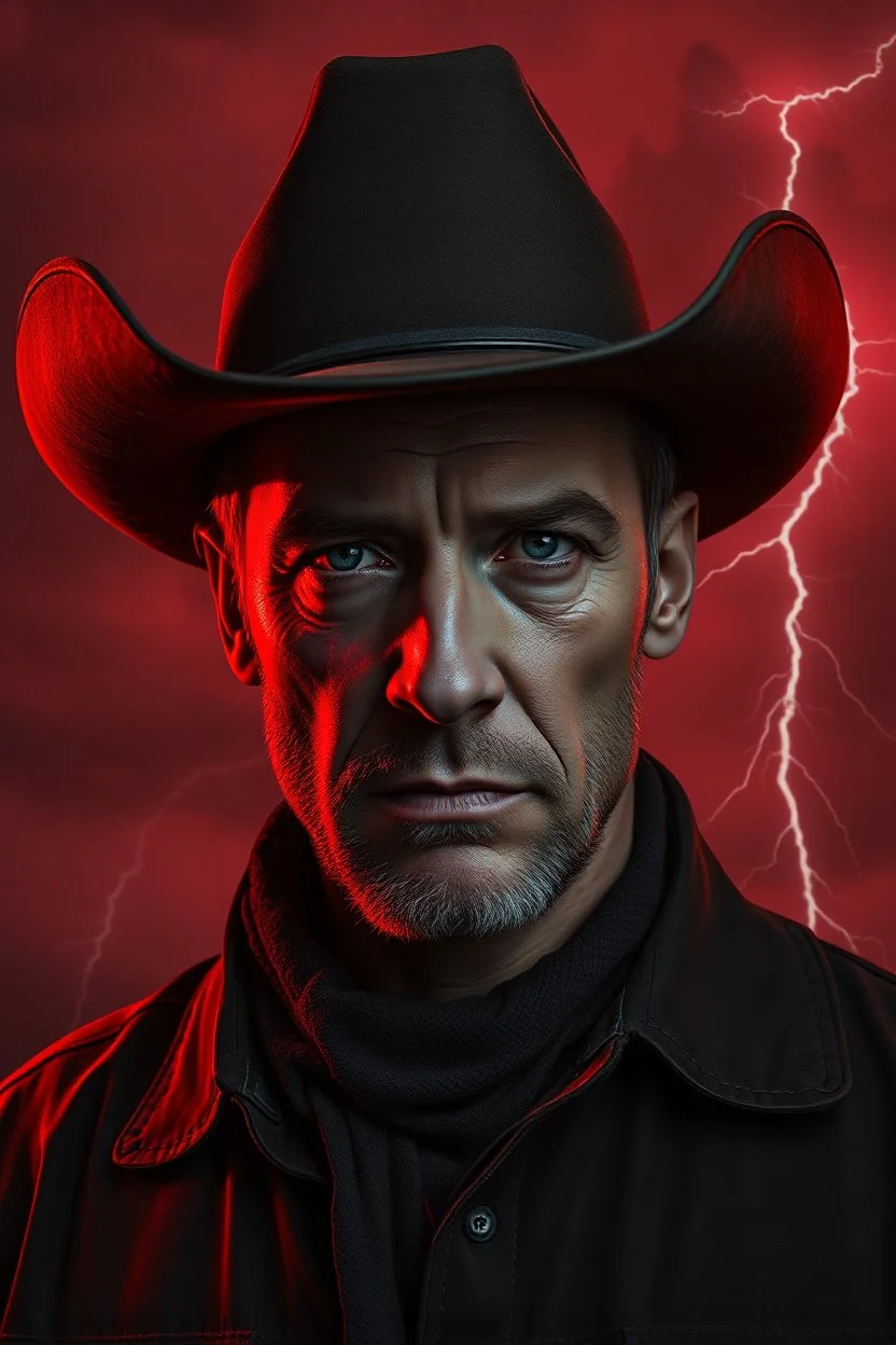 A cowboy sad portrait with a red light reflecting in their cybernetenhancements.red background all are red cloudy stormy with thunder in the background with be eye black latched