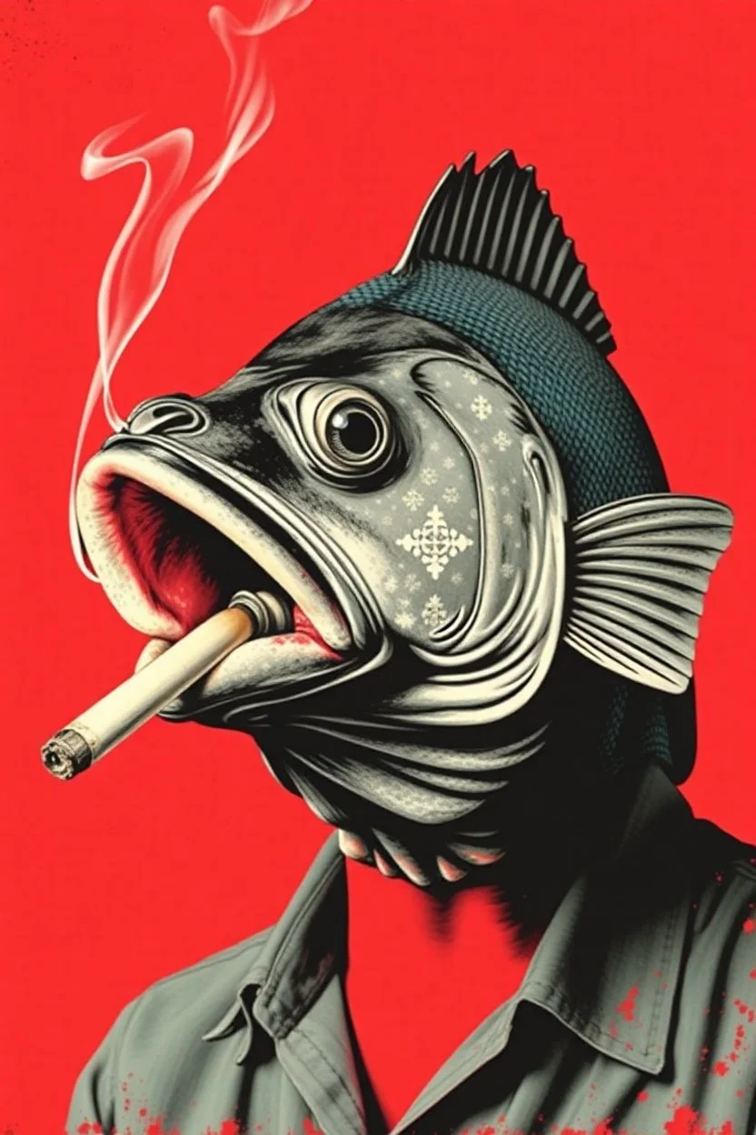 fish head smoking a malborough cigarette style in the style of warhol