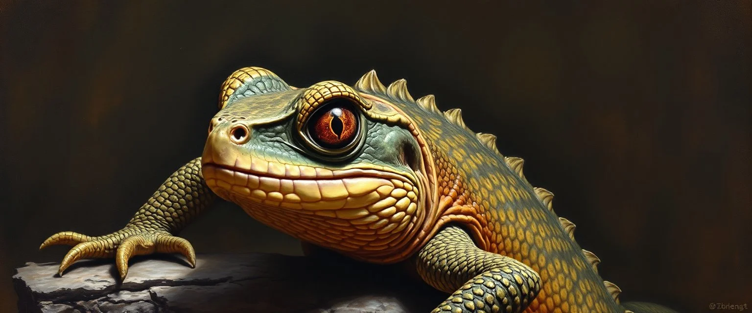 master oil painting by Rembrandt, good afternoon bitch scary geek gecko dragon turtle