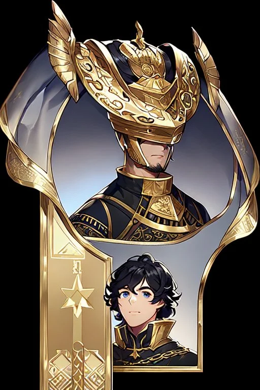 A handsome 30 year old knight, black hair, dark blue eyes, wavy haircut, in black-and-gold plate armor, no beard, european, portrait