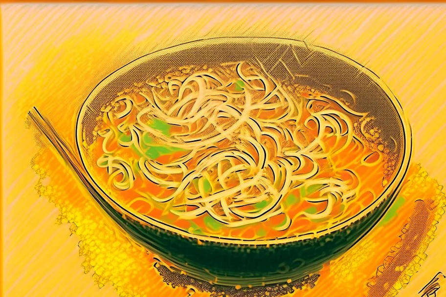 chinese curly soup, watercolor and ink, in sunshine, golden glitters