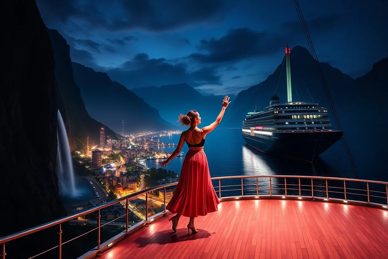 A modern city at the foot of the mountain. The entrance valley with a waterfall from a high rock.and huge sea with a very big ship in it, A beautiful lady dancer showing her performance in a poen stage on deck of ship in a top and midi skirt. at night ,dynamic color turnning lights