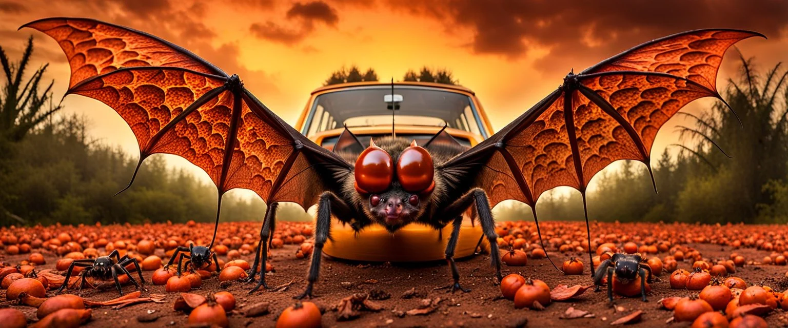 A national geographic award skin color patterned like a poisinous incect or reptile, horrorcore, science gone crazy, winning photograph of of a bat spider housefly station wagon hybrid in nature and on the hunt, 64k, reds, oranges, and yellows anatomically correct, 3d, organic surrealism, dystopian, photorealisitc, realtime, symmetrical, clean, 4 small compound eyes around two larger compound eyes, surrealism telephoto , biomechanical ynamic lighting 64 megapixels Unreal Engine volumetric lighti