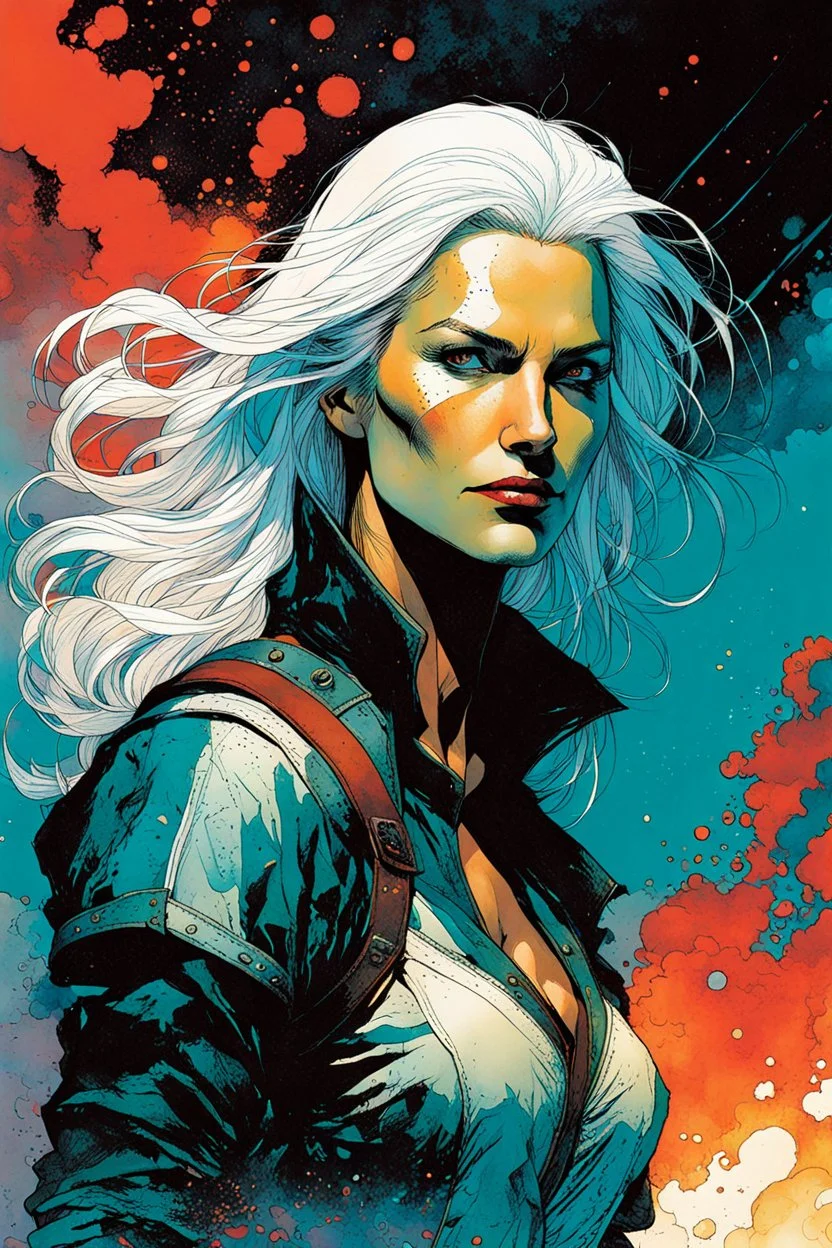 create an imaginative full body print illustration of an ethereal, otherworldly female Witcher , in the comic book art style of Bill Sienkiewicz, Mike Mignola, and Jean Giraud Moebius, with highly detailed feminine facial features , finely drawn, colored and inked,