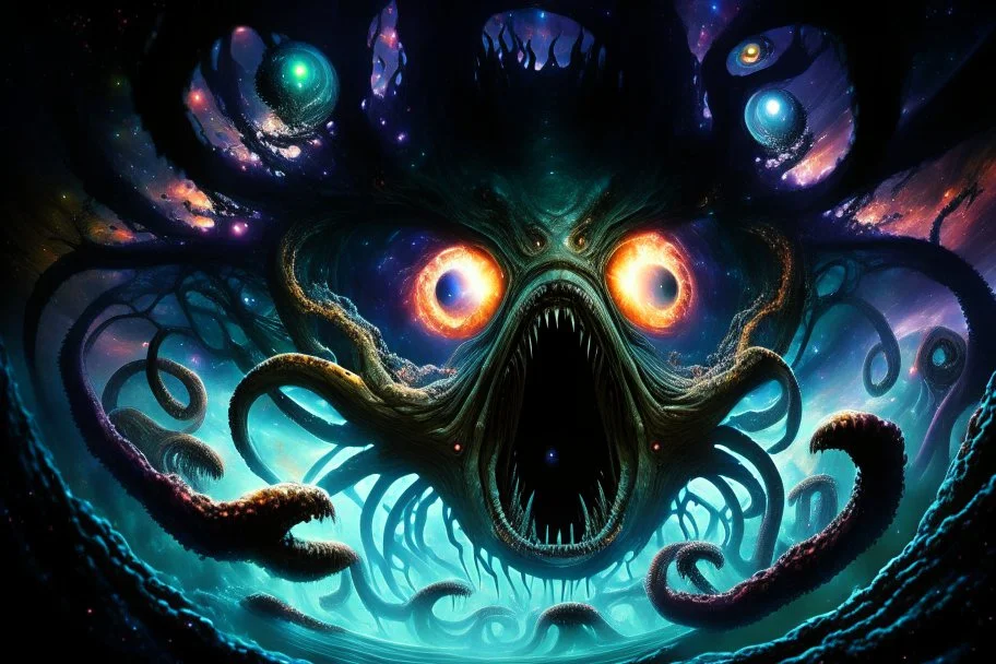 View into an event horizon in space with many enormous strange tentacled creatures with huge eyes and mouths flying around