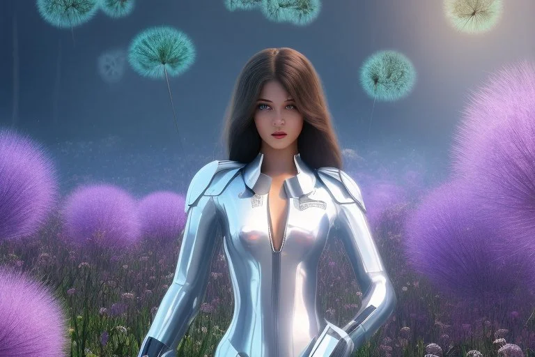 young woman in an android suit with dark hair, standing on the shore of an alien sea. Floating forests with dandelion tops in the distance