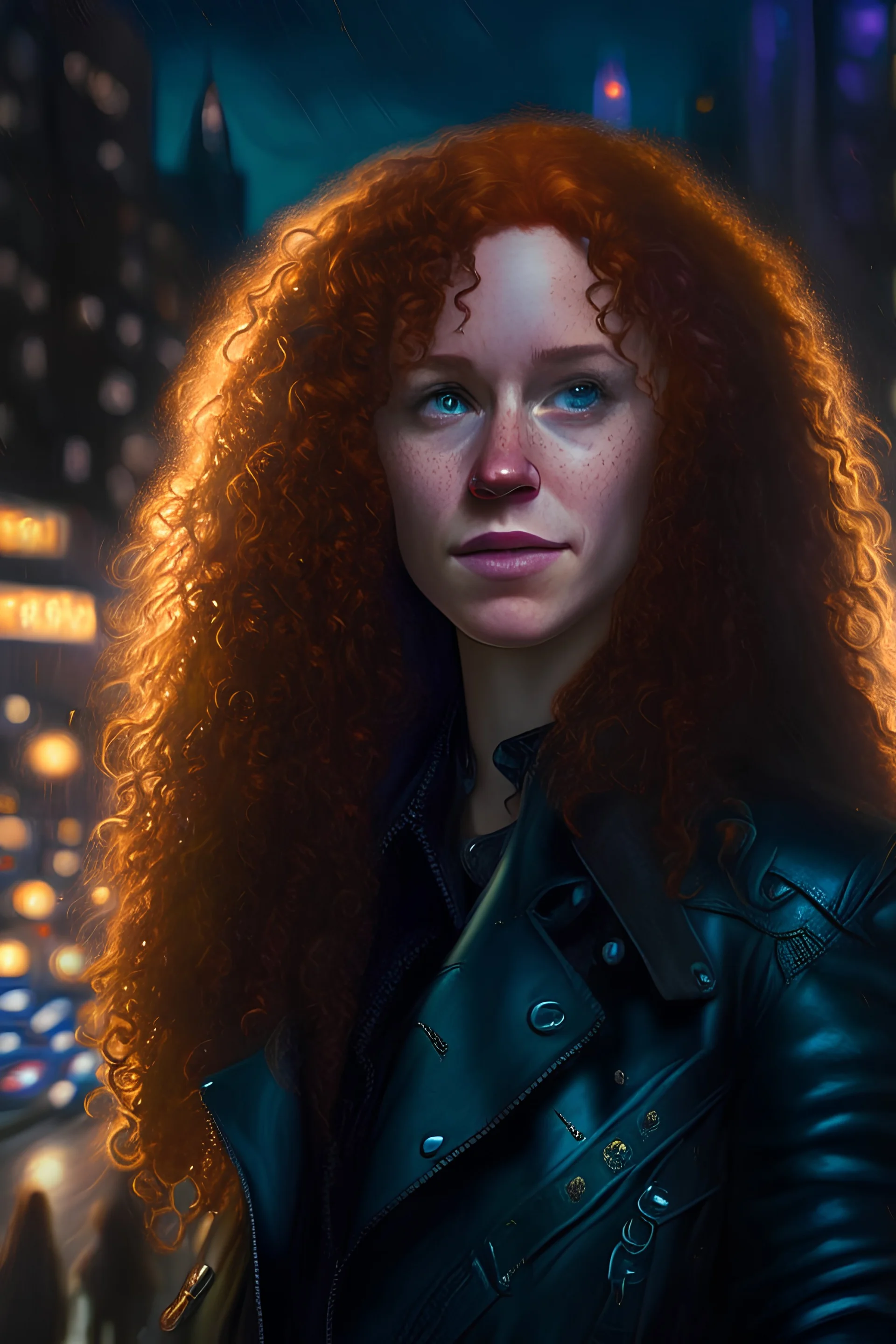 Young woman, curly hair, redhead, green eyes, freckles on face, looking confident, wearing a black belted perfecto leather jacket with leather epaulettes, wearing black leather trousers, wearing black choker, portrait at night, in a crowded metropolis