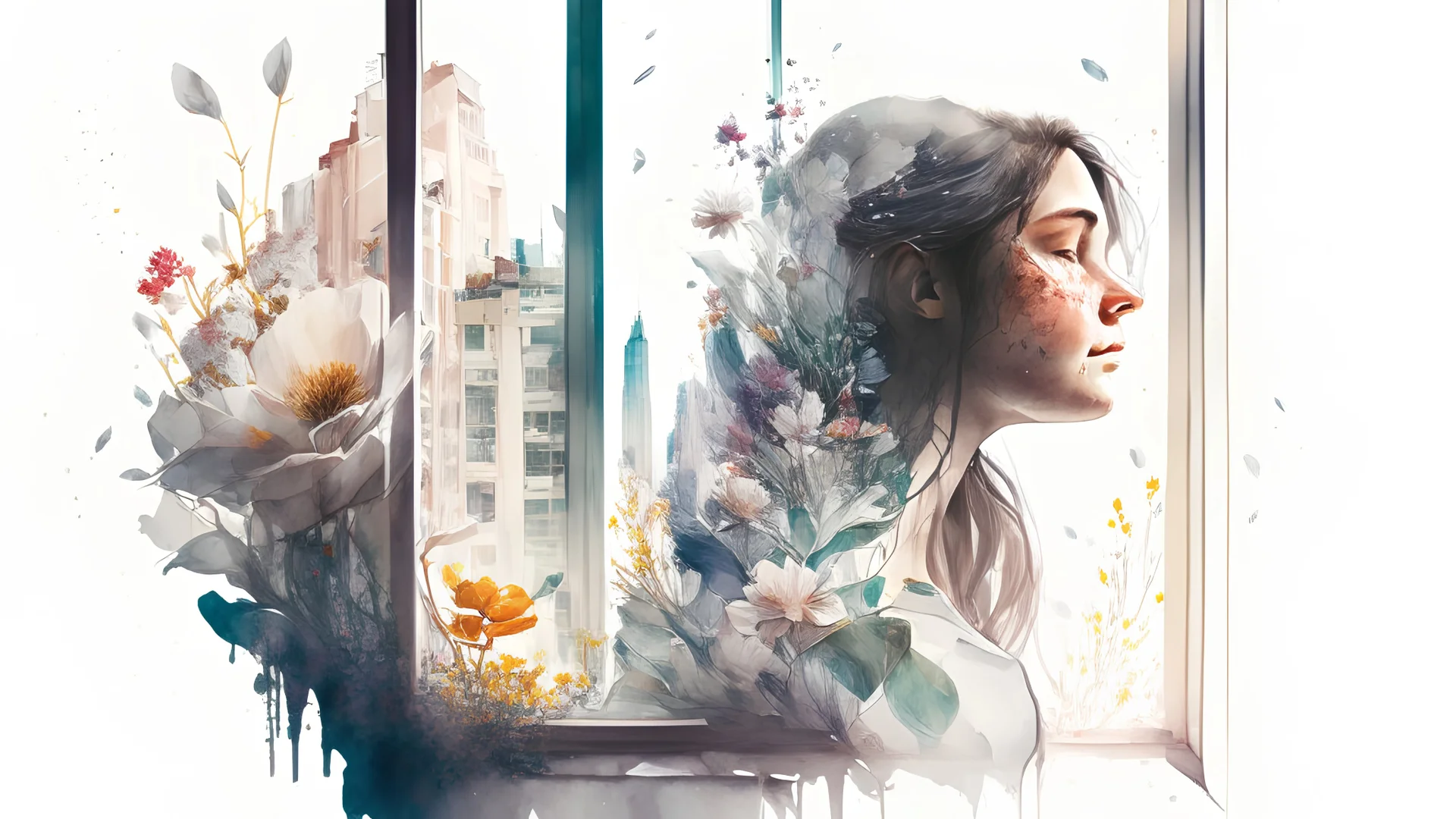 white background, Double exposure, woman, city, window, room, flowers, detailed, fine rendering, high detail, high resolution, 8K, illustration, gouache, detailed painting