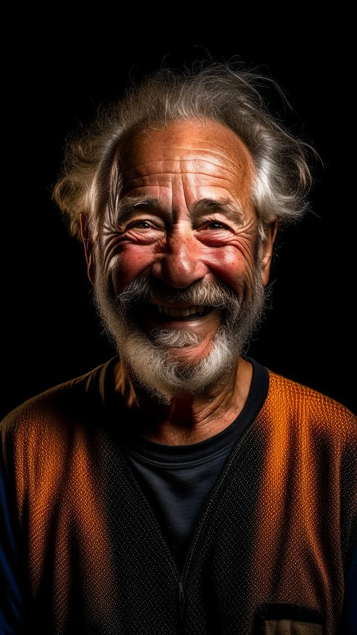 full shot of an old soccer player smiles hopefully, retired, worn clothes, expired elastics and patches, days beard, greasy hair, fireworks illuminate his cheeks, studio portraiture, john lurie, sony alpha a1, george stefanescu