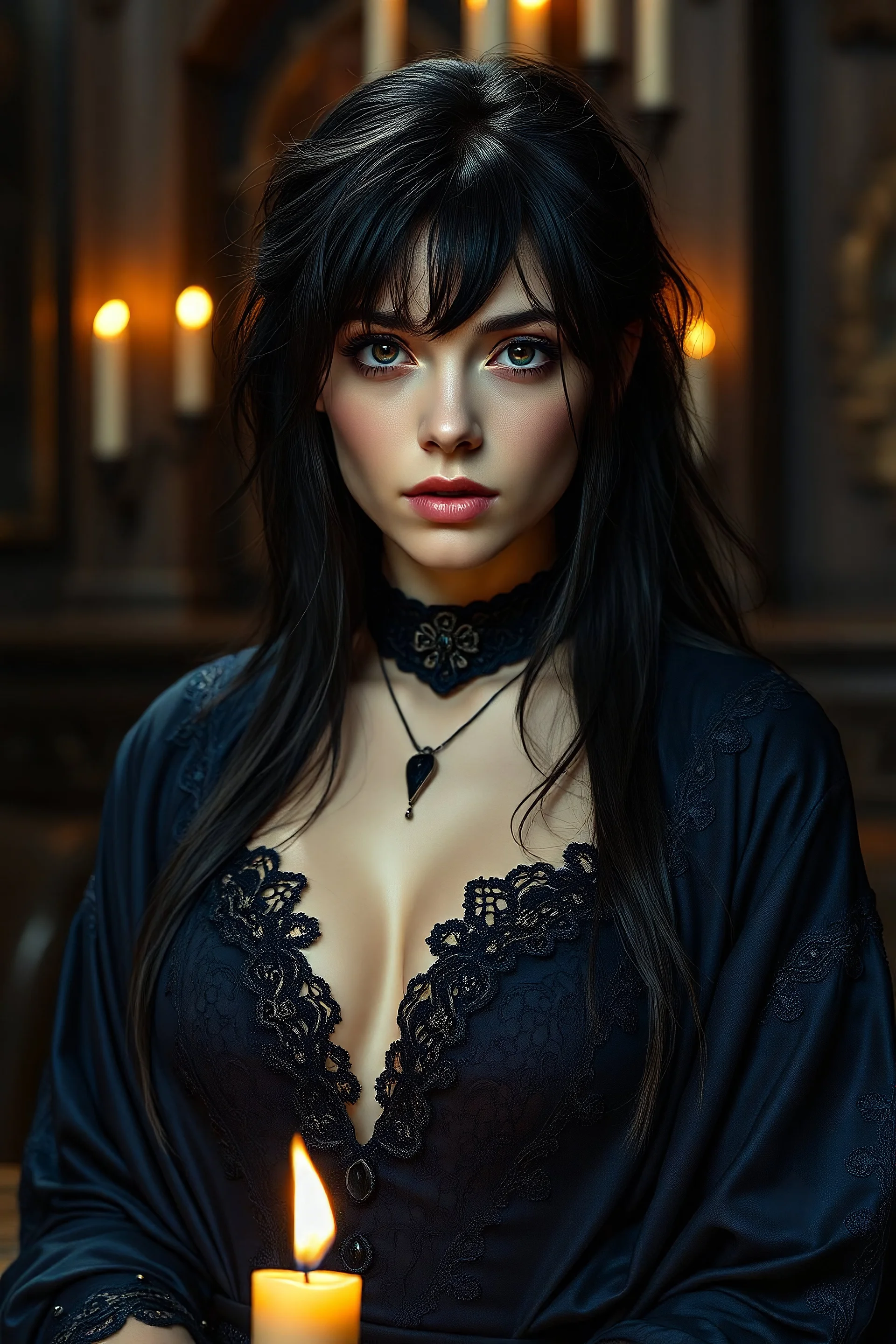 portrait of beautiful young female goth mage, delicate features, necromancer, long black messy hair, dressed in revealing dark ornamented rich blue robe, laces, v-neck, standing in a tavern, realistic, dim candle lighting, sexy, natural lighting, highly detailed face, very high resolution