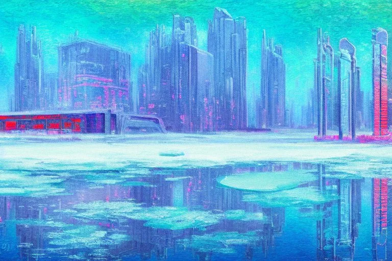 Futuristic cyberpunk building foreground, frozen lake, impressionism painting
