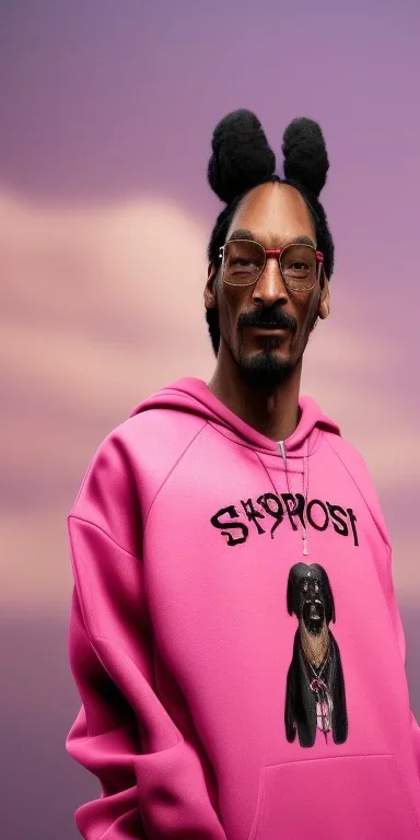 snoop dogg looking at the sky. On a pink street. Black Oversize sweatsuit.