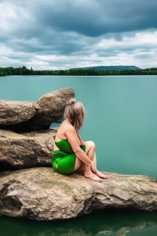 woman sitting on a rock, in a lake, green mottled skin, green hair, blue sky, white clouds