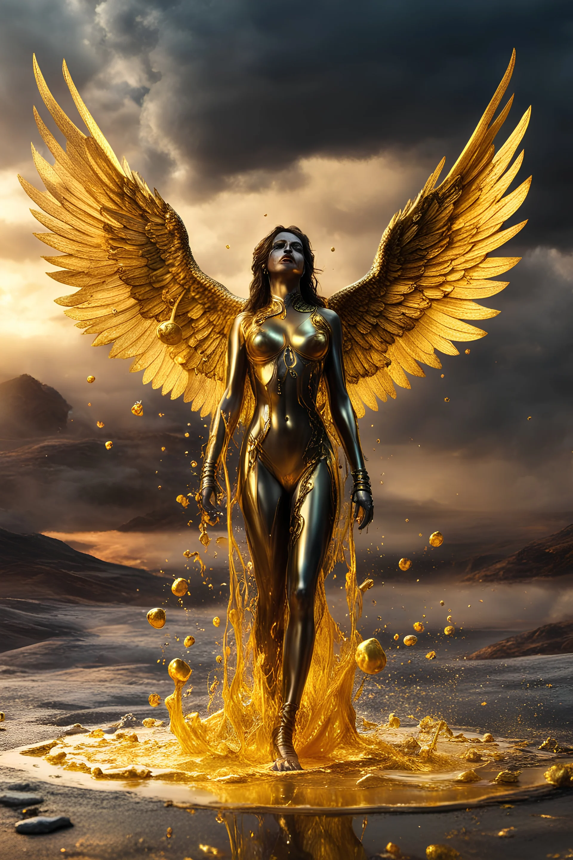 A hyper-realistic photo, beautiful fallen angel disintegrating into gold dripping ink and slime::1 ink dropping in water, molten lava, mask face , 4 hyperrealism, intricate and ultra-realistic details, cinematic dramatic light, cinematic film,Otherworldly dramatic stormy sky and empty desert in the background 64K, hyperrealistic, vivid colors, , 4K ultra detail, , real photo, Realistic Elements, Captured In Infinite Ultra-High-Definition Image Quality And Rendering, Hyperrealism,