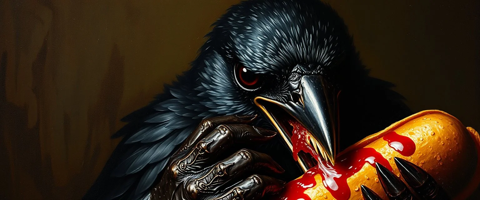 master oil painting by Rembrandt, good afternoon bitch scary blood sparrow, the most dreaded sparrow, close up, in dark blood bath, blood dripping, evil big eyes, scary clothes, like a count, he is eating a hot dog