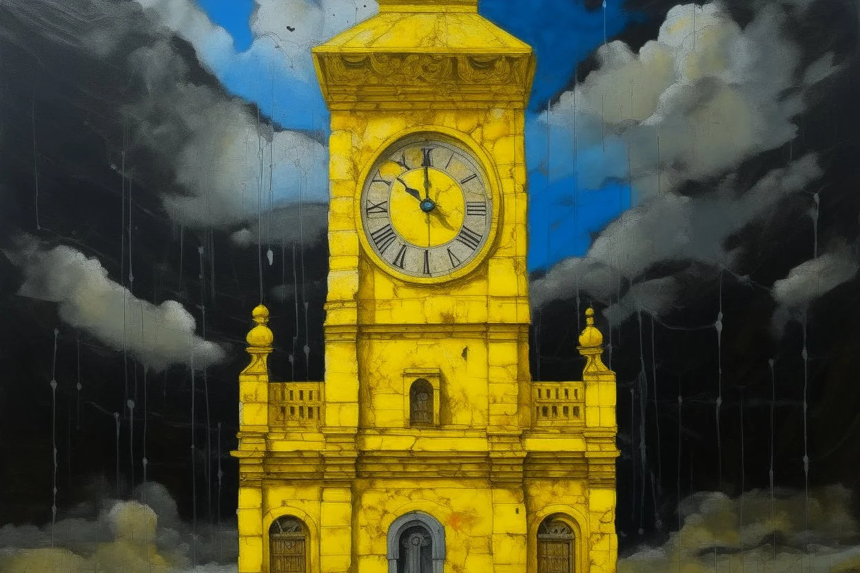 A yellow clock tower made out of gel in a thunderstorm designed in Mayan architecture painted by Lucas van Leyden