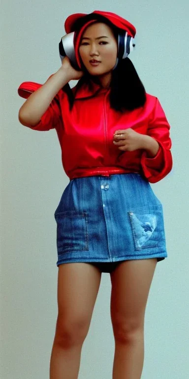 Asian, modern, beautiful woman, street, thick thigh, thick calves. Style futurism, 1996, daft punk,details ,Asa Akira.Mantle is sewed of recycled Denim and sewed together red felt pieces.Big headphones, with gold rings, is merged with small felt cap with small visor. A bag is integrated to the mantle. Big camouflage Patterns are composed of orange, cream, blue, lilac and purple. blue latex. It is with big bright purple felt tippet and cream-colored-hood. tippet