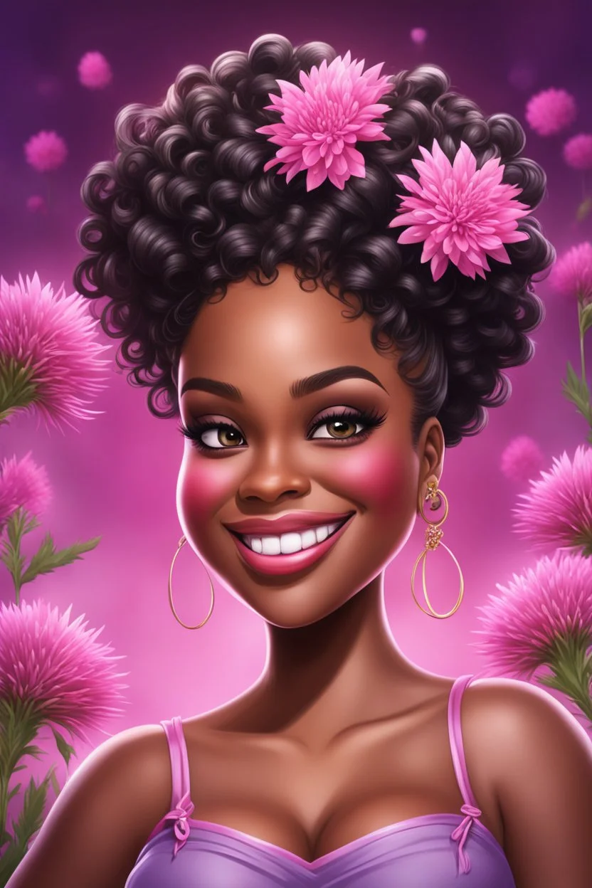 Create a airbrush cartoon art style image of a curvy black female looking down with a smile on her face. Prominent makeup with hazel eyes. Highly detailed messy curly bun with a hair scarf on her head with large pink knapweed flowers surrounding her. 2k