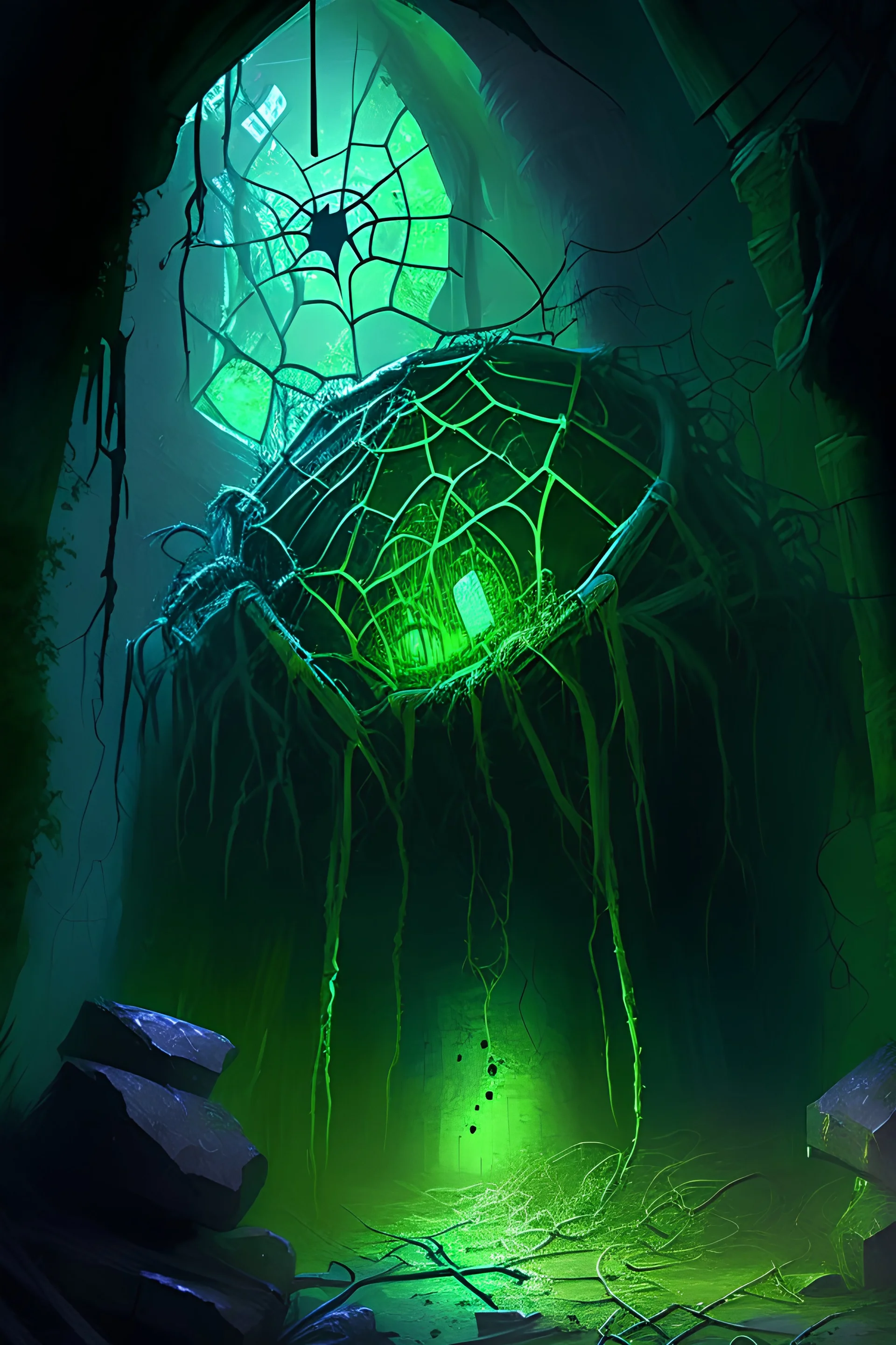 Abandoned spider lair with green glowing eggs and tangled webs in ruined castle rpg art painterly