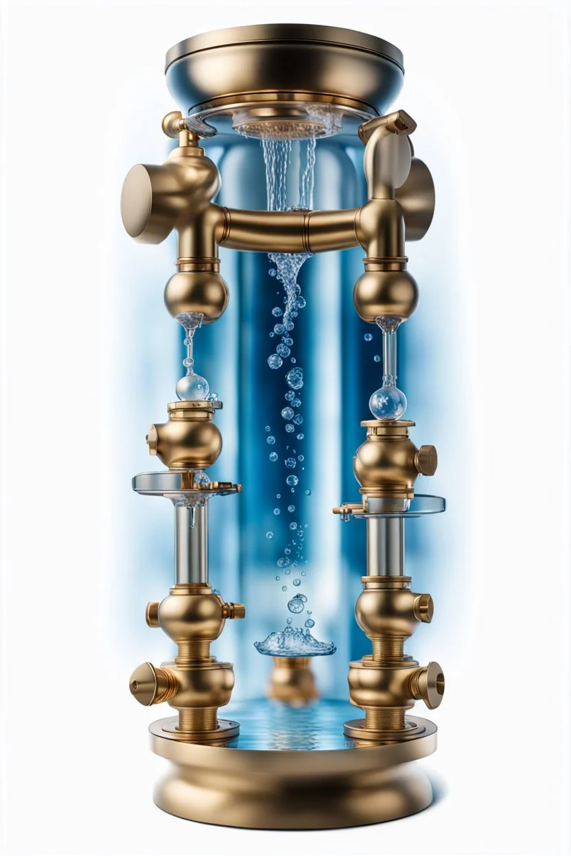 create a high quality poster from a brass water manifold for product reveal with professional photography techniques , semi ocean blue background, a dreamy blurred with bokeh background ,with excellent warm lighting, on a luxury scenes in a studio ,bulbs of clear water , on a pice of vevlet