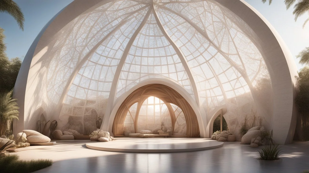 A massive dome-shaped structure with a smooth, curved surface and intricate, web-like window patterns. The dome is constructed from advanced, transparent materials that filter sunlight, creating a serene and otherworldly indoor oasis, Ultra Realism, beautiful intricate insanely detailed octane render, 5d, 16k, artistic photography, soft natural volumetric perfect light, chiaroscuro, award-winning photograph, masterpiece, rule of thirds, 80mm lens, adjust perspective