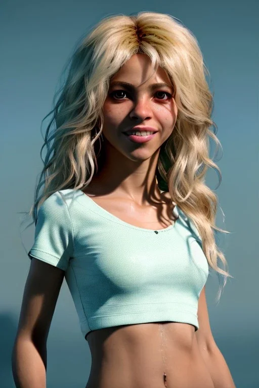 Shakira, artist, 30 years old, Realistic image, waist up portrait, blonde, loose long hair, eyes make up, perfect, glow, circle iris. concept art, smooth, unreal engine 5, god lights, ray tracing, RTX, lumen lighting, ultra detail, volumetric lighting, 3d, finely drawn, high definition, 4k.