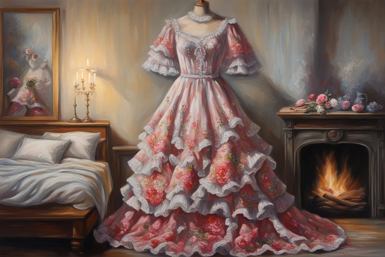 A beautiful romantic ruffled dress, decorated with beautiful embroidered flowers and lace, hanging on a hanger in a bedroom by the fireplace, in the light of the fireplace, Hyper realistic, oil on canvas award winning fantastic view ultra detailed acrylic art Ultra realistic Impressionism Surrealism simen johan, sharp focus intricate oil on canvas cinematic lighting photorealistic high detail ultra detailed crisp quality colourful