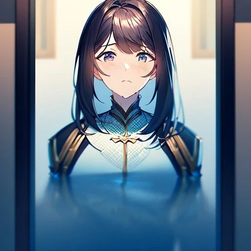 anime girl looking at her reflection in a mirror, seeing herself in the reflection, mirrow image, good and bad, very obvious image of herself.mirror, her reflection is crying and sad