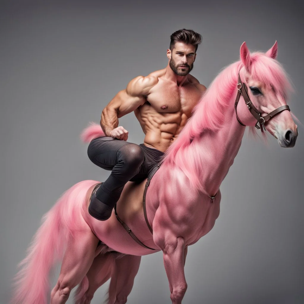 a muscular and hairy man wearing a see-through outfit, playing on a wooden pink horse.