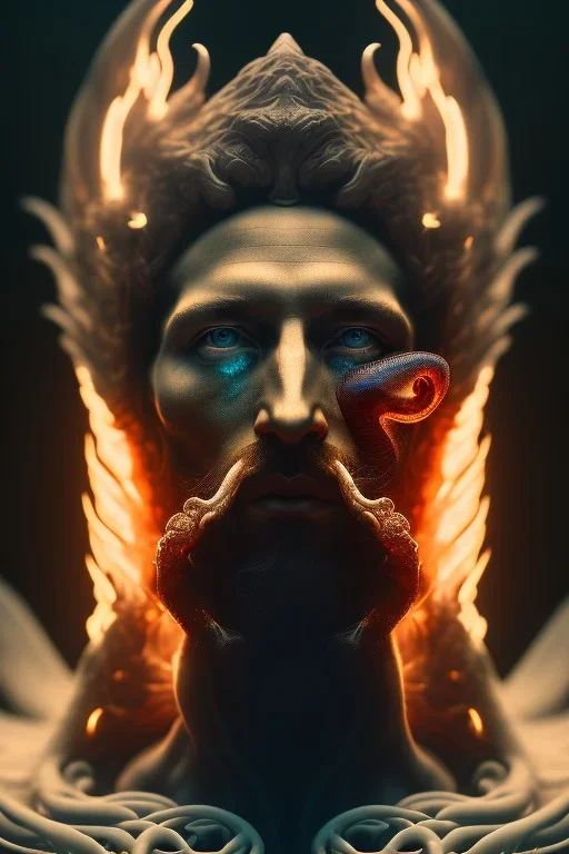 portrait photography of an ethereal beautiful animal god, Fire theme art, Dark moody night atmosphere, Portrait of a man by Michelangelo, 8K, close-up face, anatomically perfect face, oak tree roots, ignore NSFW