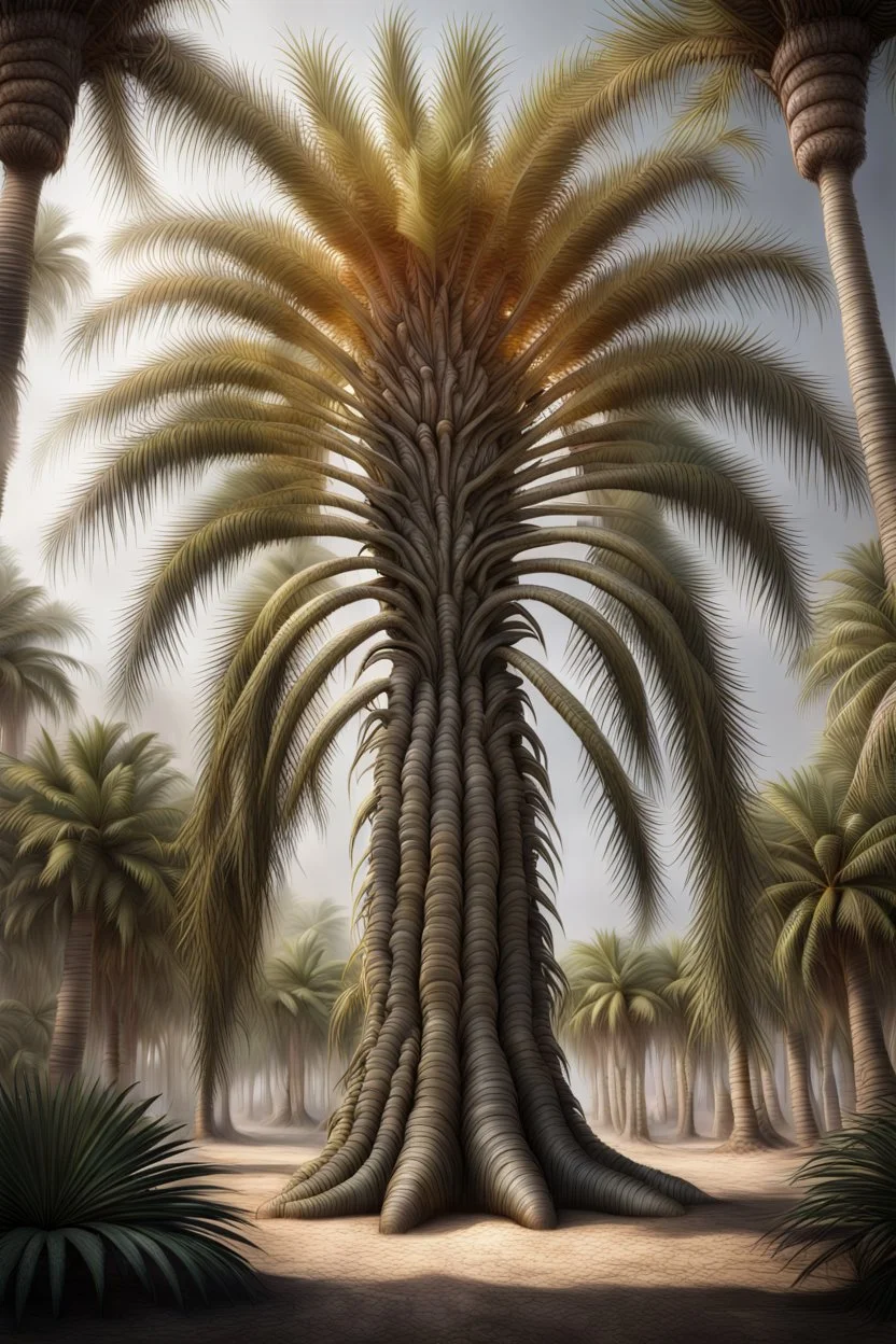 Forest giant date palm full body, full shot,forest,Sony Alpha 7 50mm 1.8,medium shot, high-resolution image with fine details, citrine, ultra detailed,ultra realistic,extremely realistic,intricate,photorealistic,epic composition,masterpiece,H.R.Giger style