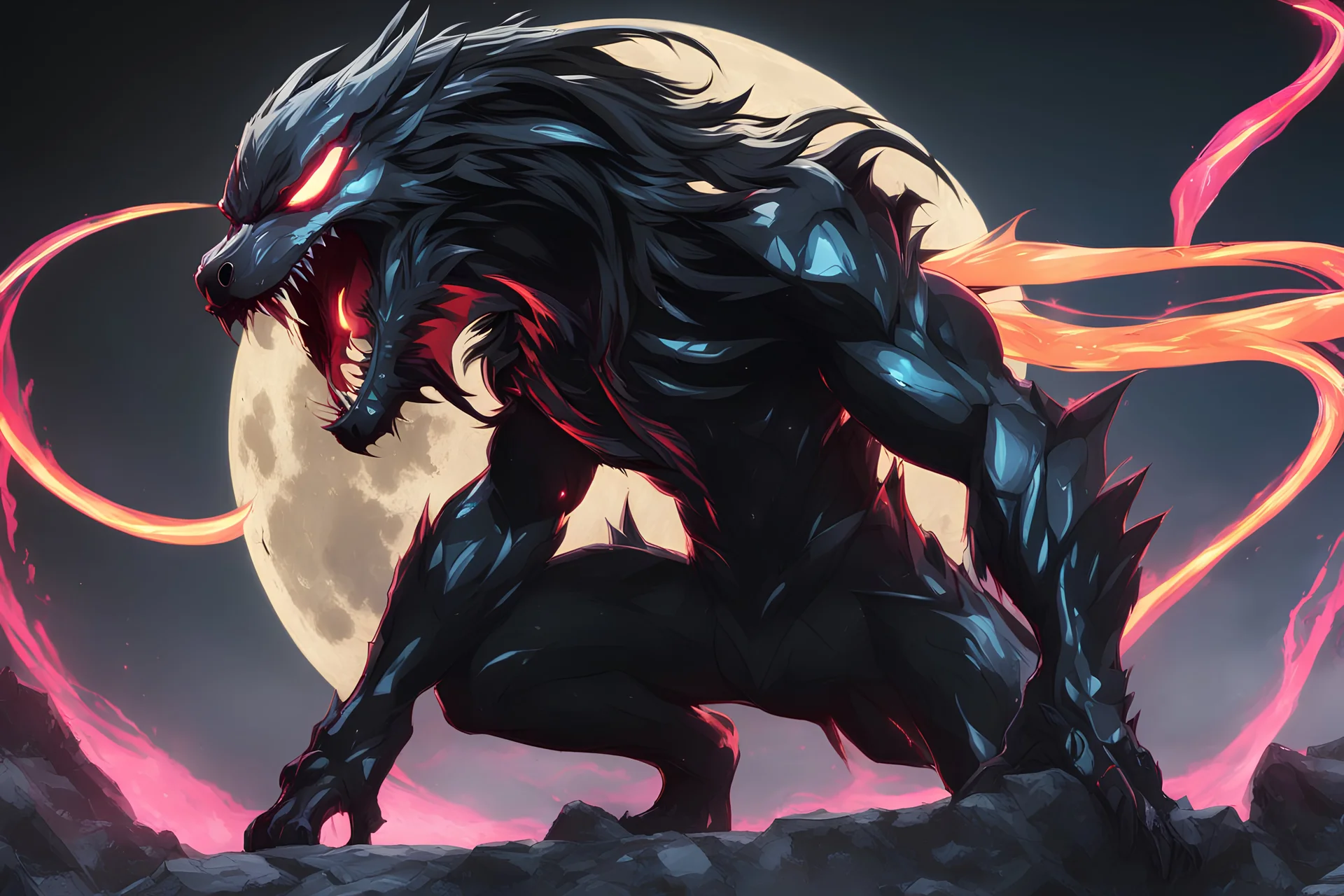 Venom beast in 8k solo leveling shadow artstyle, moon wolf them, neon effect, full body, ice, intricate details, highly detailed, high details, detailed portrait, masterpiece,ultra detailed, ultra quality