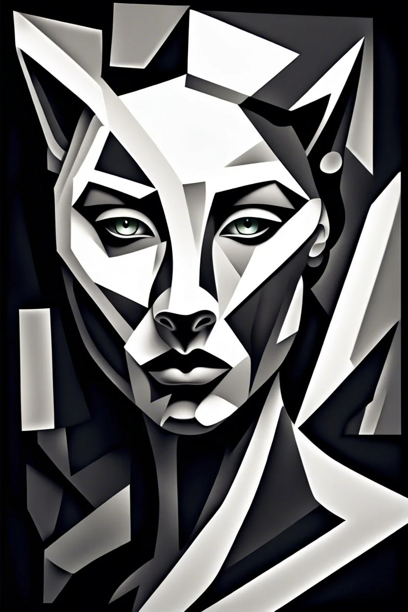 portrait of a women-panter mutant in Cubism matte monocrome color , amorphe dark-white shapes and shadows in backgroundhigh contrast, detailed, dark , noir, thriller, deep dark colors, gloomy, cinematic
