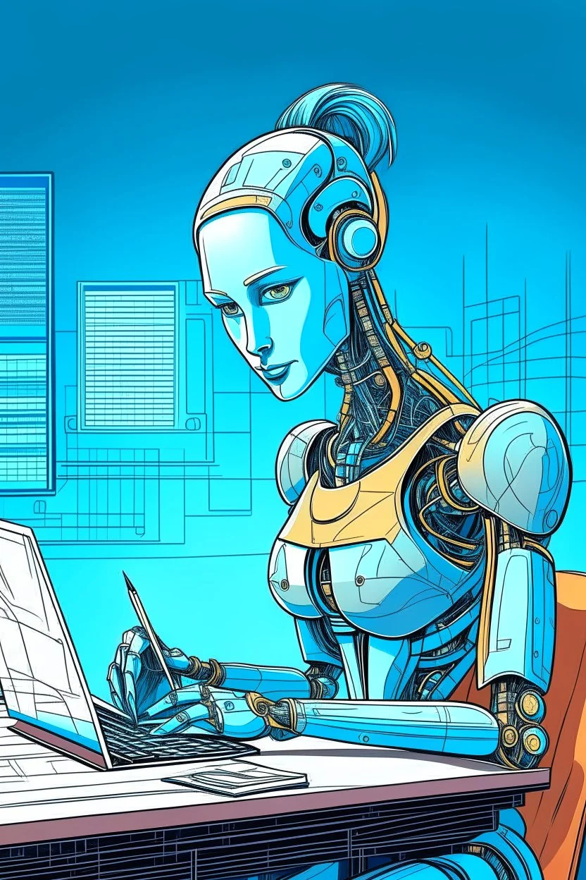 generate a front cover representation of Ai attractive female humanoid bot writing a book at a desk in a comic book style