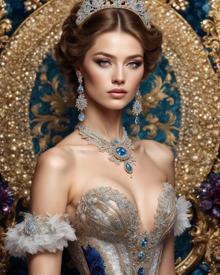 Front view 3.4 half body gorgeous Realistic Photography beautiful super model Russian,using Dress Victorian Party Luxury diamonds colors ornaments patterns ,realistic beautiful woman hyper detailed,Royal Club Luxury background