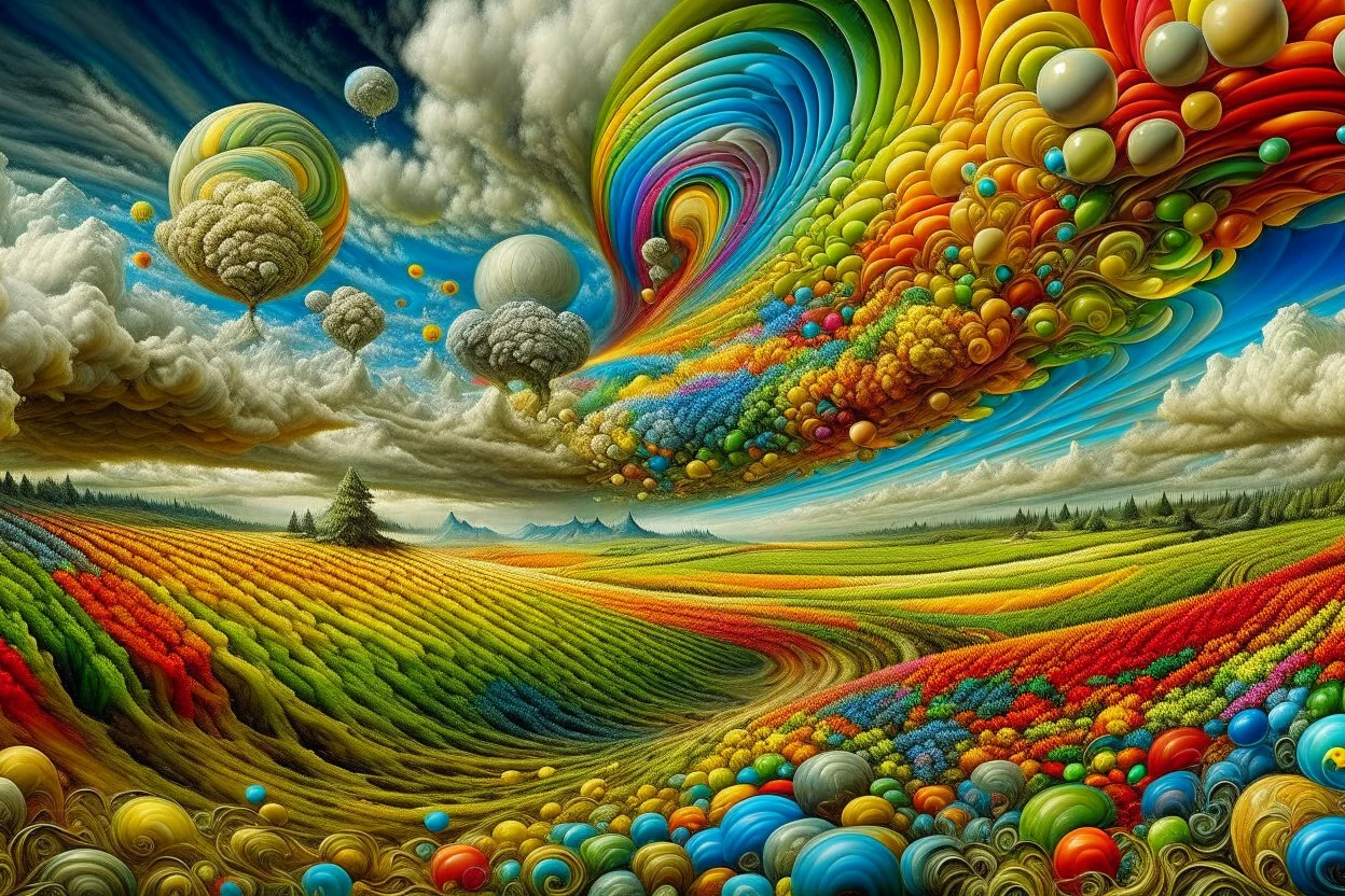 collaboration between Salvador Dali, Vincent Van Gogh, and Jean Baptiste Monge. Swirling rainbow storm clouds over a vast field of long grass and plentiful flowers swaying in the winds. Modifiers: fantasy many rainbow bubbles photorealistic beautiful colourful cinematic postprocessing Van Gogh acrylic art pencil sketch quilling salvator dali Craig Rutkowski