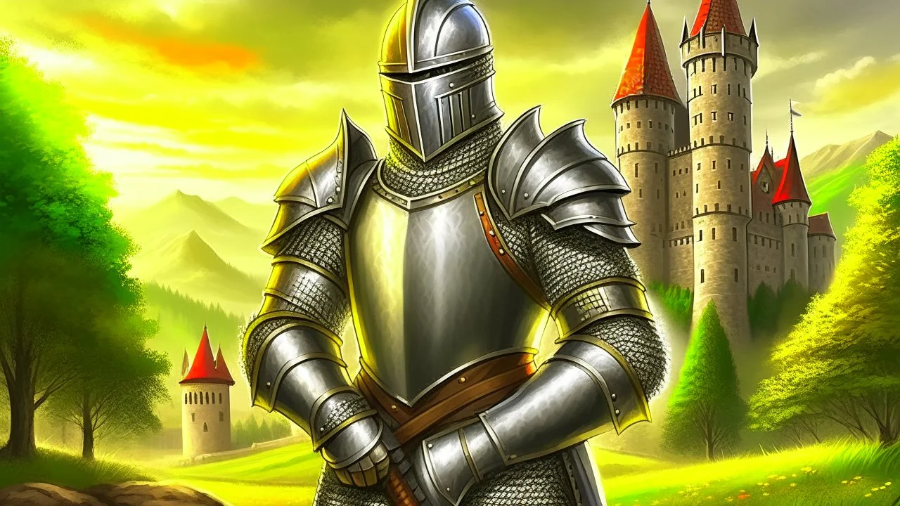 rich knight in shining armor, castle background