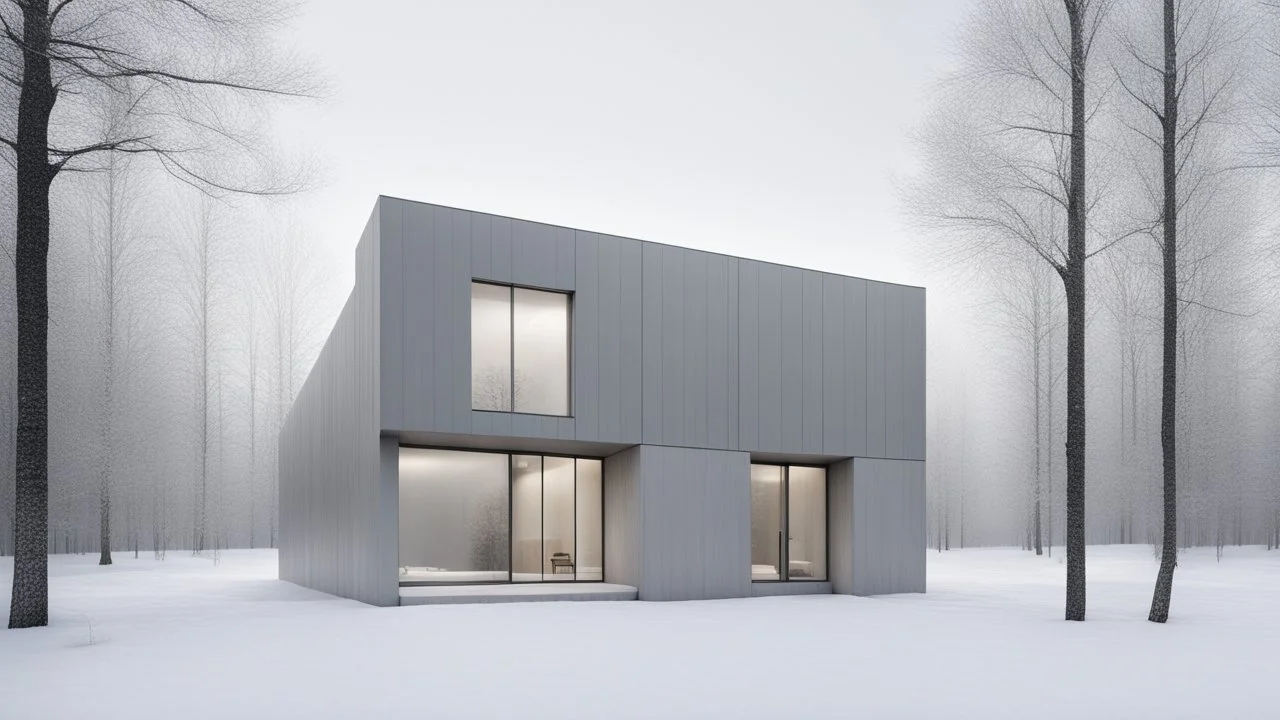 Modern and minimalist house in a winter environment is light gray, with vertical siding that gives it a subtle texture. There are small rectangular windows and a visible door, all emitting warm light from the inside. The house is situated in a snowy landscape, with several bare trees scattered around, suggesting that it is winter or a cold region.