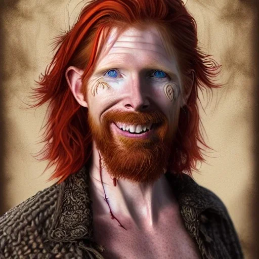 Portrait of Courtney Gains as a ruggedly handsome but joyful roguish pirate, charismatic, attractive male, masculine, perfect, precisely detailed, lightly freckled face, meticulously detailed multi-hued ginger carrot colored cherry fire red hair; Malachai of the corn; fantasy, intricate, elegant, highly detailed, digital painting, artstation, concept art, matte, sharp focus, illustration, art by artgerm and greg rutkowski and alphonse mucha