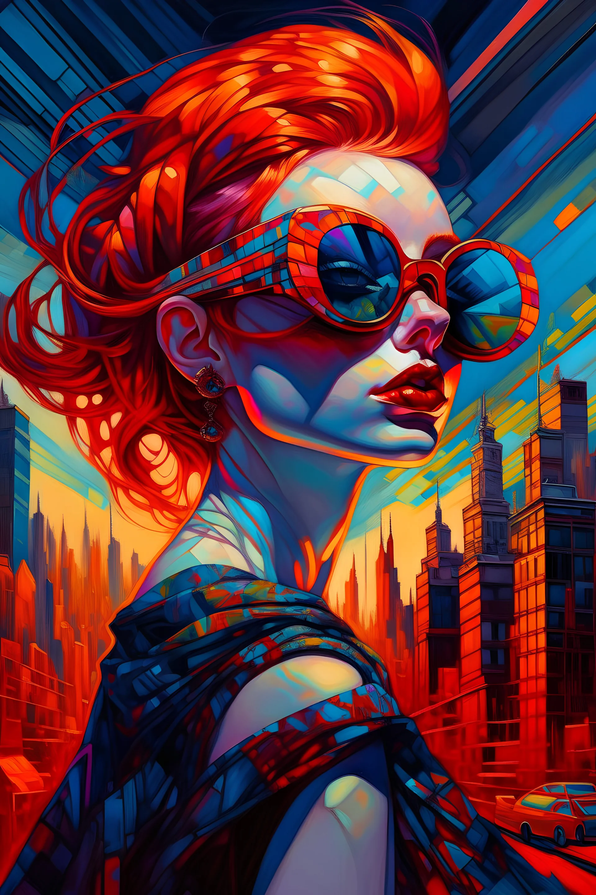 Stylized representation of a audacious girl donning sun glasses by Afarin Sajedi, her silhouette residing amidst bold, attention-grabbing abstract design that's defined by bursts of vibrant, highly saturated hues, juxtaposed against stark, surrealist landscapes or bustling colored cityscapes, vectors of strikingly dressed people indulging in eccentric poses, interspersed within alien, otherworldly