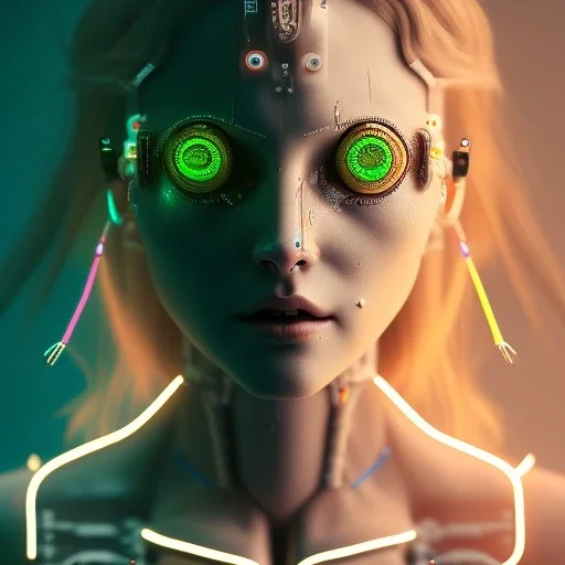 singer Danish MØ face, lumen lighting, led lights, <hanging wires> many wires connected to the head<perfect pupil> <cyborg> <garage> <sci-fi futuristic>