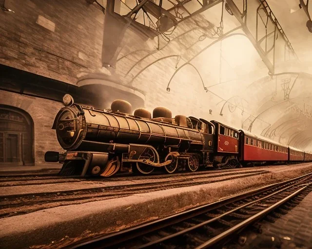 landscape of a vintage train pulling into a station, hogwarts express, platfrom 9 3/4, dynamic lighting, dynamic movement, DSLR, panorama, wide-angle lens, perspective