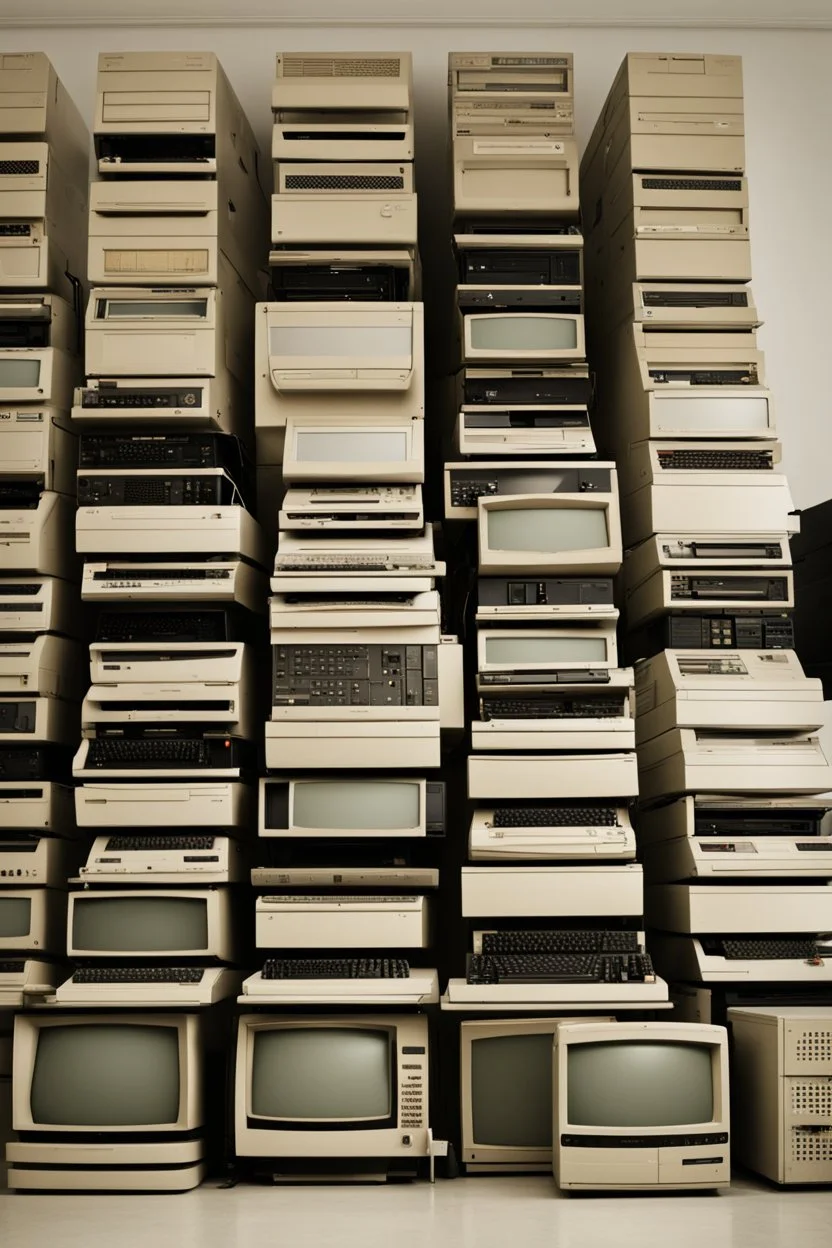 A stack of old computers in a white room