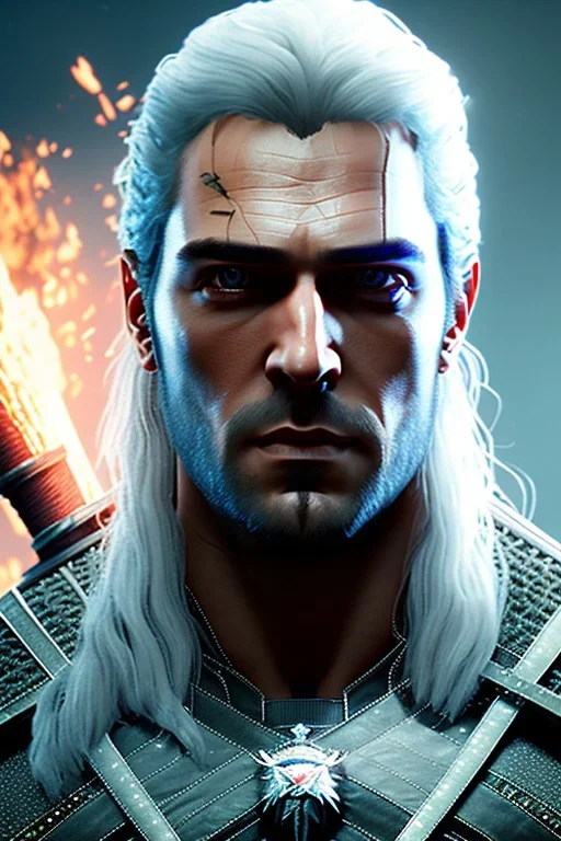 Henry cavil face, texture skin,Crystal yellow eyes, long white hair, wearing The witcher 3, realistic, 4k, intricate, best quality, fog particles, fire particles, octane render, vray, sword fire