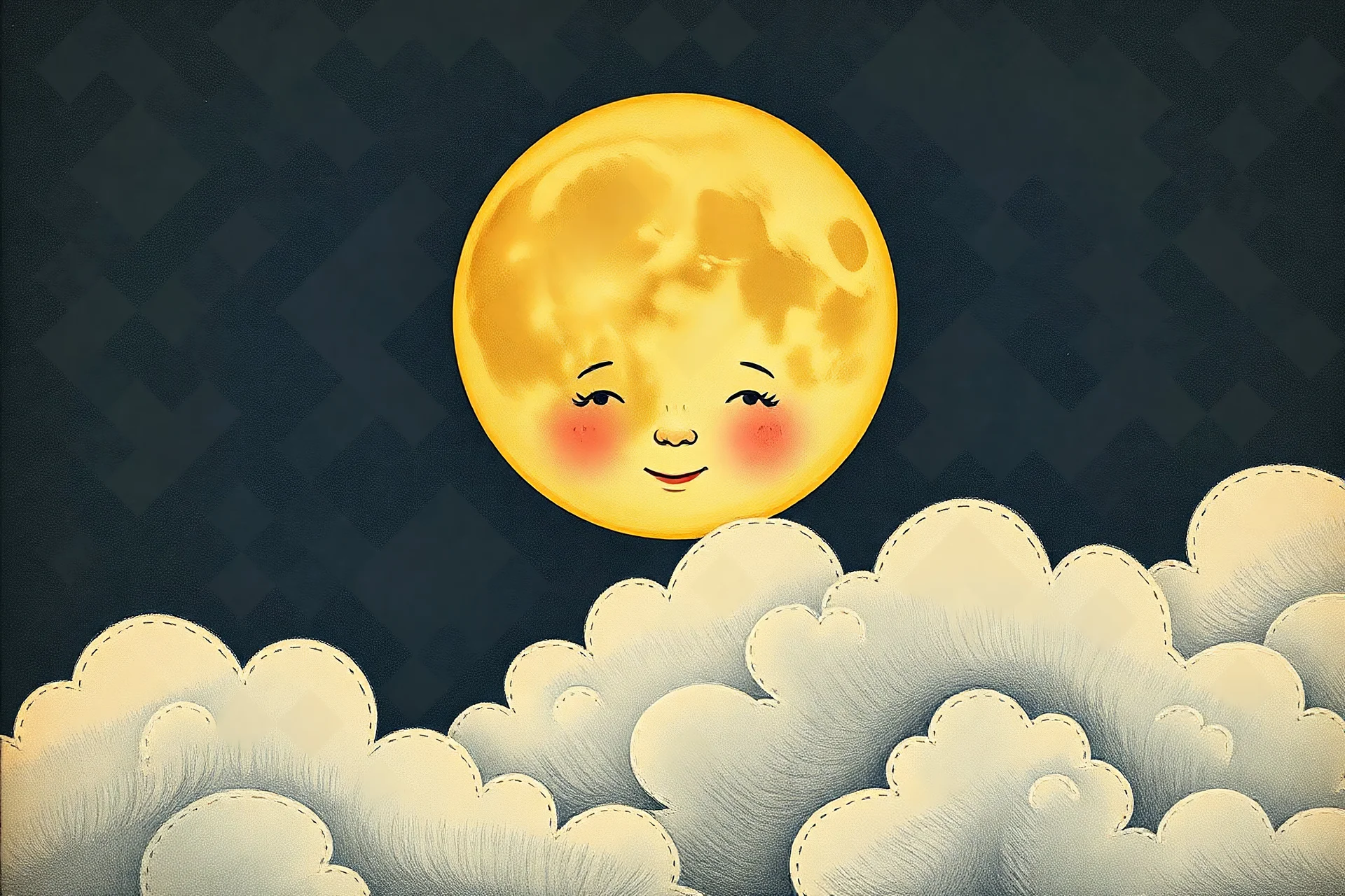 A vintage children’s book style moon with a kind face, peeking out from behind drifting clouds