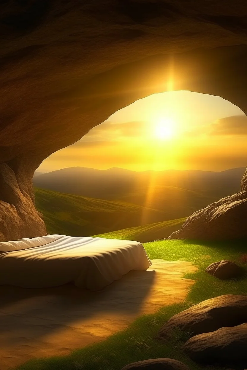Imagine a surreal landscape at sunrise with a cave tomb in the side of the hill and a stone rolled back from the entrance. Inside the cave you can see a shroud folded neatly on the bed where a body would lay. Through an opening in the cave wall you can see the sunrise