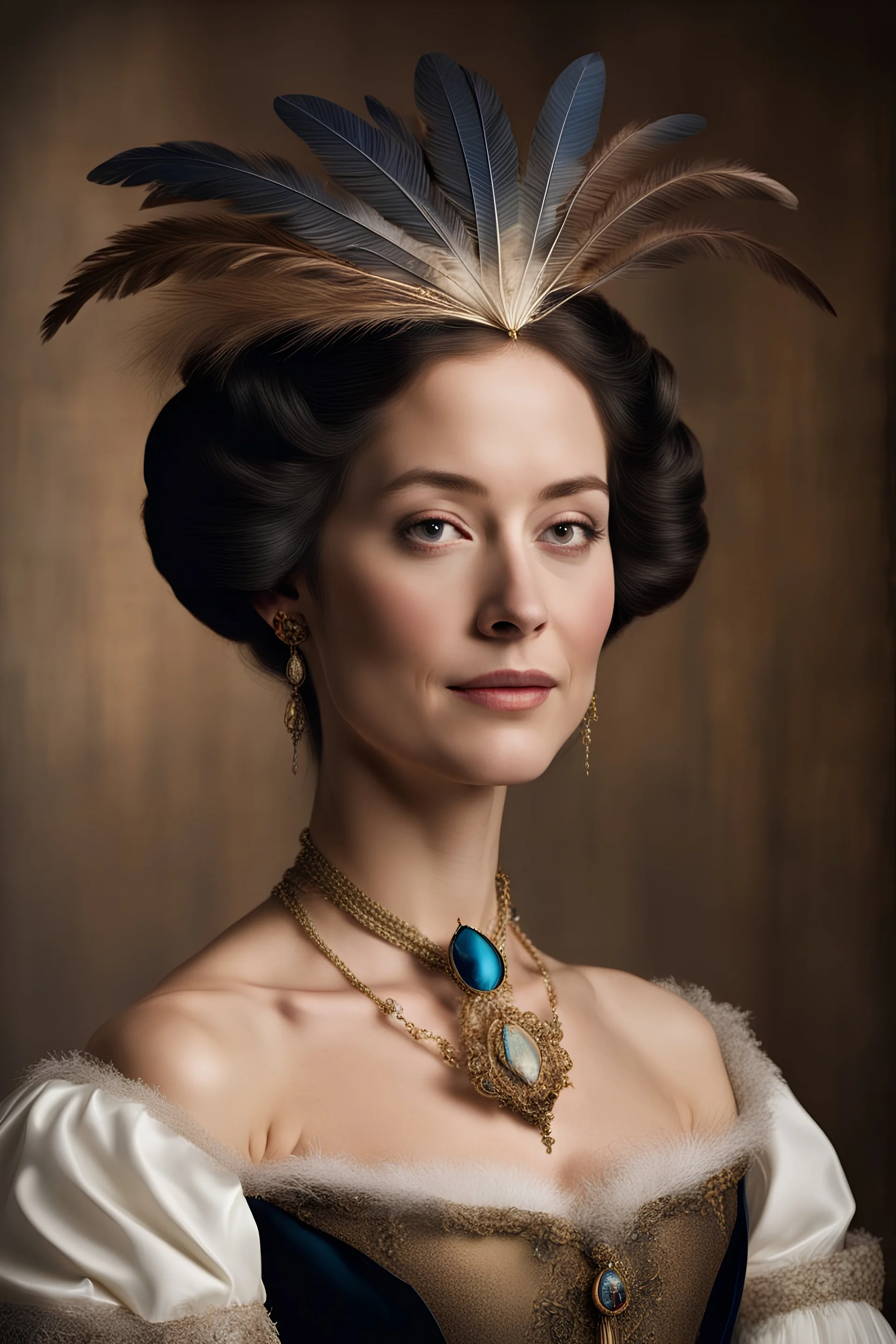 Maya Musk as a duchess with a Da Vinci feather