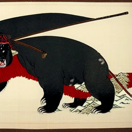 Ours polaire, habillé comme un samurai, sombre, furieux, noir, rouge, peint par Hokusai.